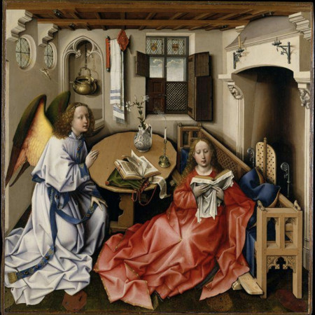 Robert Campin/Werkstatt, Mitteltafel des Mérode-Triptychons, um 1430. Copyright: Public Domain (https://commons.wikimedia.org/wiki/File:Robert_Campin_-_L%27_Annonciation_-_1425.jpg)