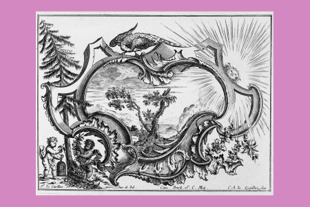 Ornamentstich Rokoko: François du Cuvilliés d. Ä. (Soignies, Hennegau, Belgien 1695 bis München 1768, Baumeister, Bildhauer, Stuckateur, Ornamentschöpfer sowie bayerischer Hofbaumeister, ausgebildet vor allem in Paris, zählt zu den Großmeistern des deutschen Rokoko), „Livre de Cartouches“, sechsteilige Folge eines Reihenwerks, das ab 1738 erschien. Kartusche mit Landschaftshintergrund, Putti und Fasan, um 1740, asymmetrisch; der untere Teil ist aus Rocailleschwüngen gebildet, die oberen gegenläufigen C-Schwünge zeigen zudem ein geborstenes Mauerwerk. Der Stecher der Folge war Carl Albert von Lespilliez (1723–1796), Architekt und Kupferstecher in München. H 18,8 cm, B 24,8 cm, Inv. Nr. LOZ 422, Kupferstich/Radierung, Bezeichnung: „F. de Cuvillies. Inv. Et. del. … C. A. de Lespilliez. Scu.“ Foto: Museum Angewandte Kunst Frankfurt