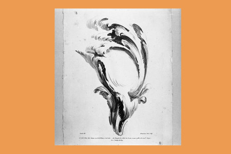 Ornamentstich Rokoko: Girard (Ornamentzeichner in Paris, Lebensdaten unbekannt), ein Blatt einer sechsteiligen Folge von Rocaille-Ornamenten mit schwungvollen Entwürfen für Muschelwerk und Voluten mit dem Titel „Autre Suitte de leçons d’ornemens dans le goût du Crayon. Dessiné par Girard…Gravé par Demarteau [1722–1776] l’ainé“. Rocaille, um 1750, H 34 cm, B 22,3 cm, Inv. Nr. LOZ 101, Radierung in Kreidemanier, Bezeichnung: „Girard del. Demarteau l’ainé Sculp.“ Foto: Museum Angewandte Kunst Frankfurt